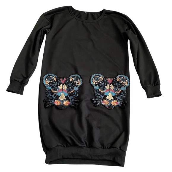 🐯Tiger (juniors) long sleeve sweater dress w/ art deco pockets, black - Picture 13 of 13